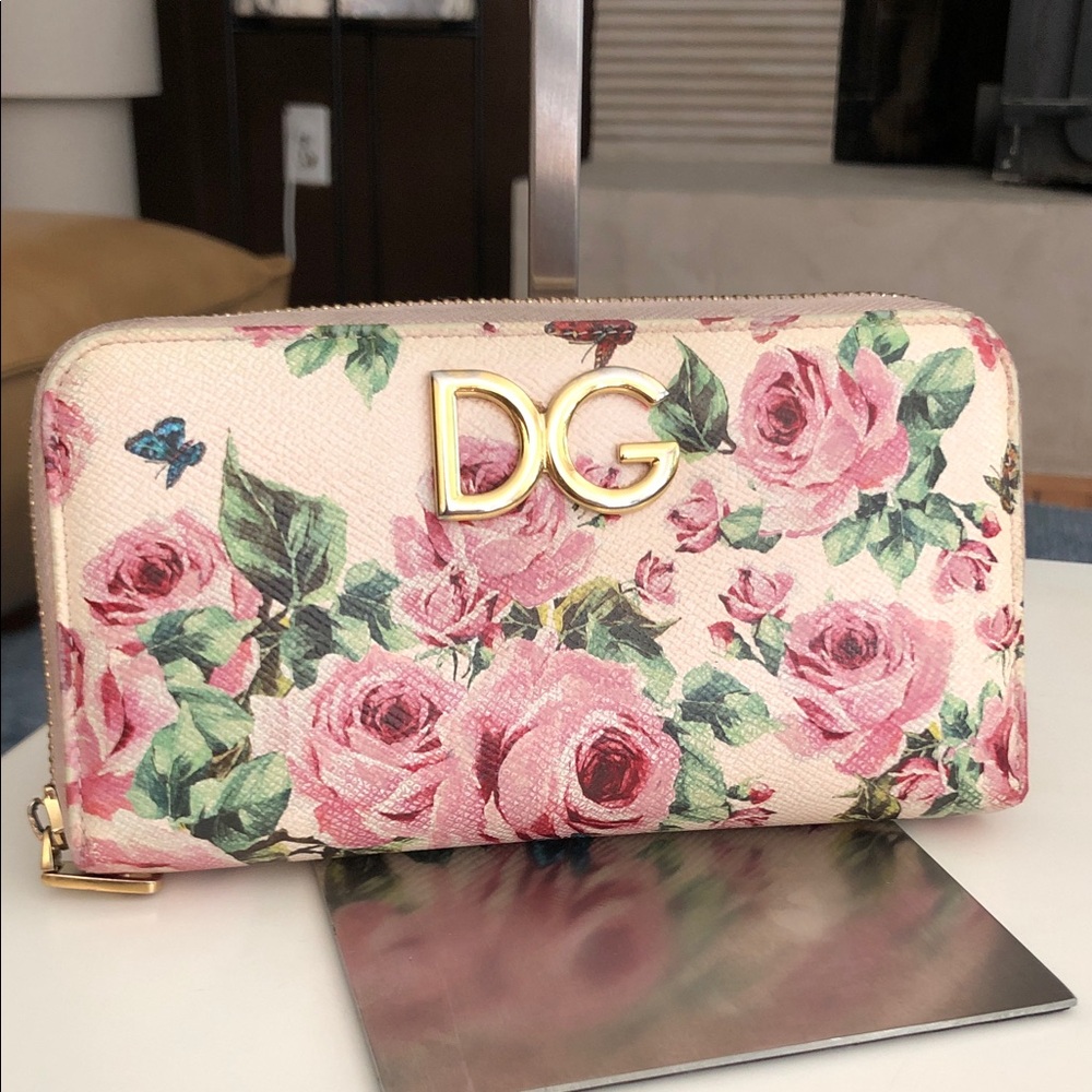 Dolce & Gabbana Cream Wallet with Pink Rose Print and Gold DG Logo